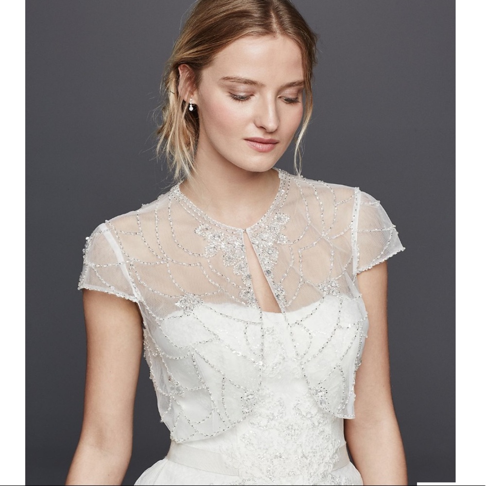 DAVID'S BRIDAL Beaded Jacket with Scroll Work on Back. Sz 10